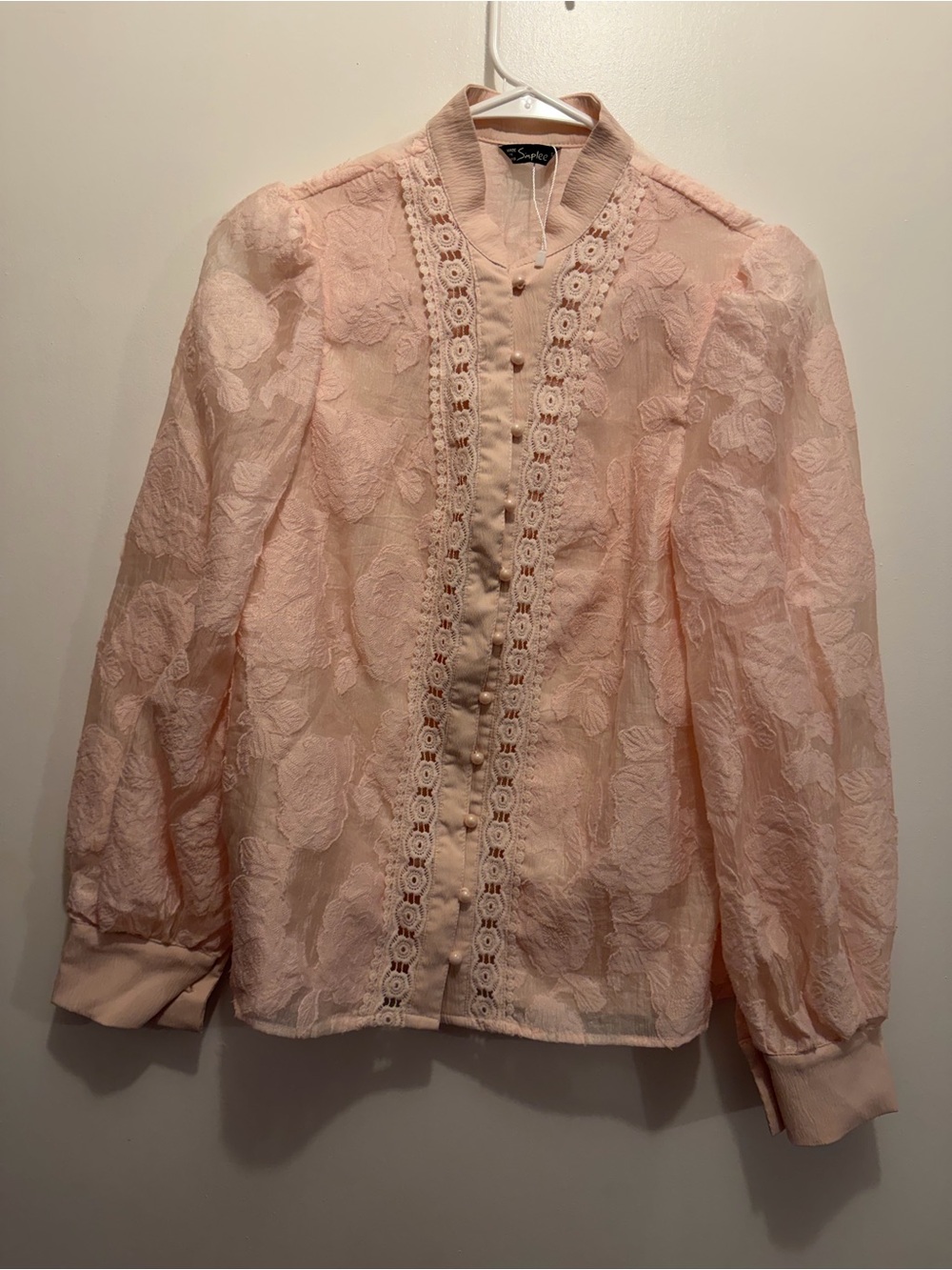 Simple Blush Pink Lace Button-Front Blouse
